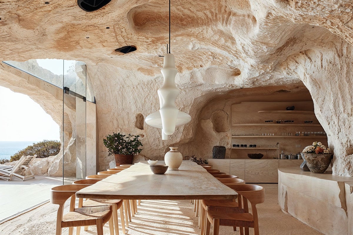 Dining room with a coastal view featuring stone and sustainable plywood materials in Plyco's imaginative cliffside villa