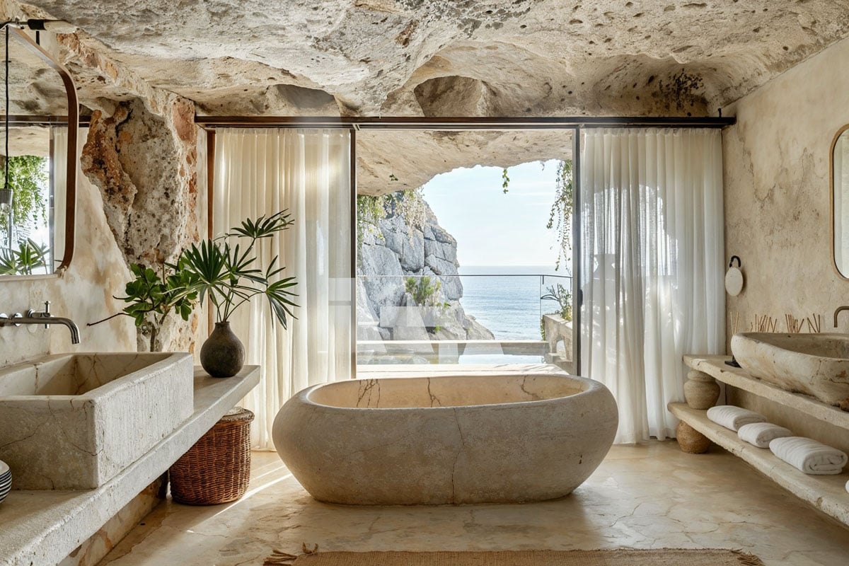 Bathroom featuring sustainable plywood materials in Plyco's imaginative cliffside villa