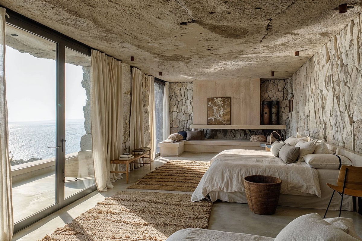 Main bedroom in an imaginative cliffside villa from local plywood supplier, Plyco