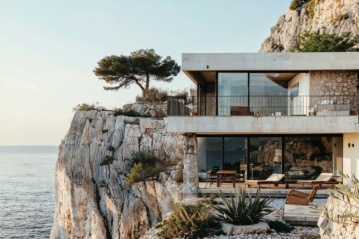 Exterior shot of an AI inspired cliffside villa from local plywood supplier, Plyco