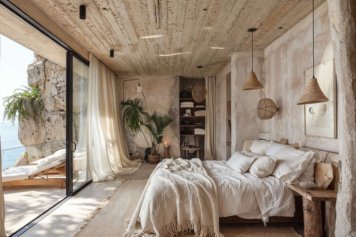Guest bedroom in an imaginative cliffside villa from local plywood supplier, Plyco