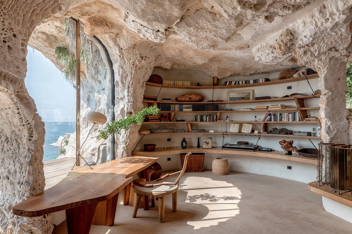 Beautiful private study in a cliffside European retreat with plywood panels from Plyco