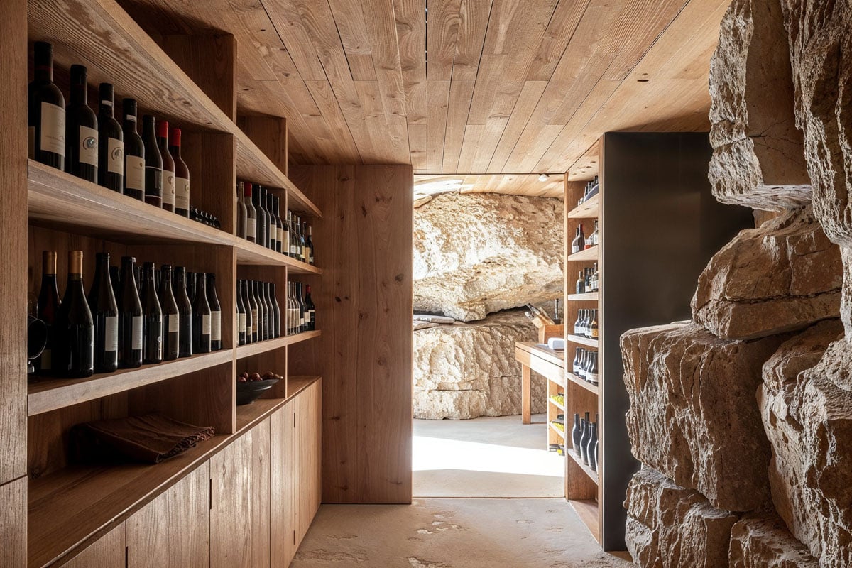Imaginative wine cellar in a European cliffside villa from Australian plywood supplier, Plyco