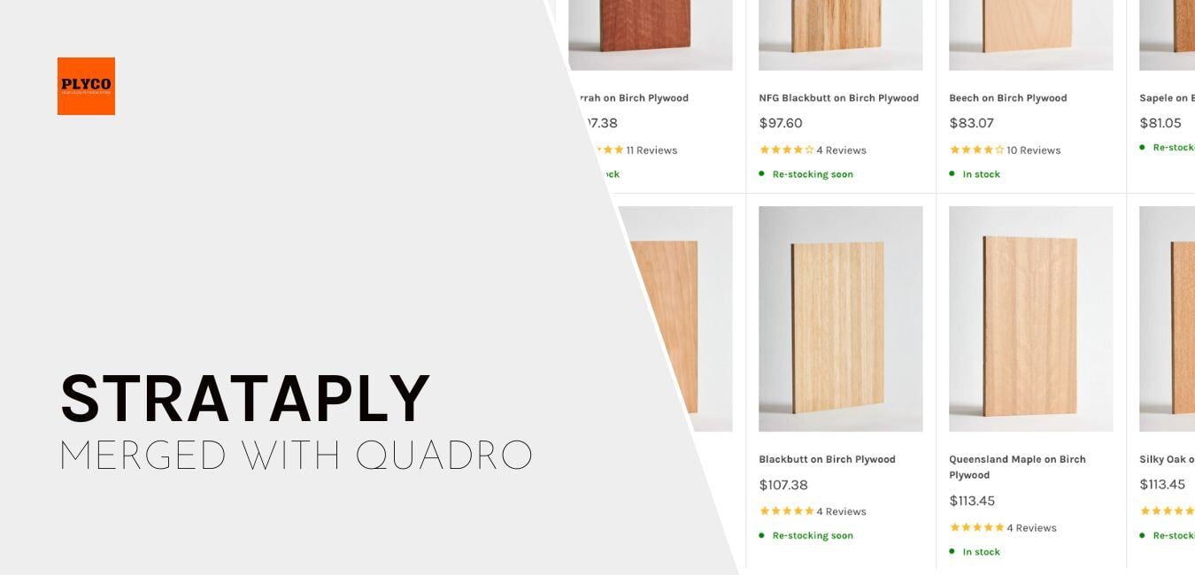 Screenshot of the updated website collection page for Plyco's Strataply and Quadro Veneered Plywood products