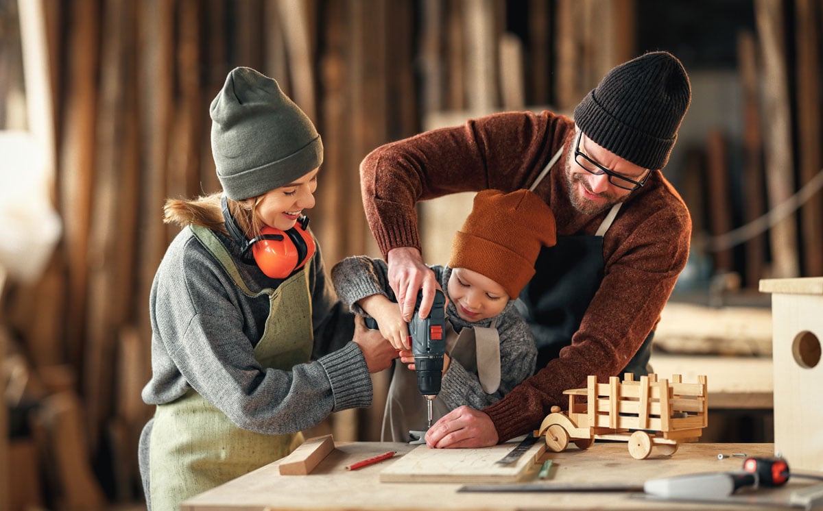 Young family using CD Hardwood Structural Plywood in a Melbourne woodworking workshop