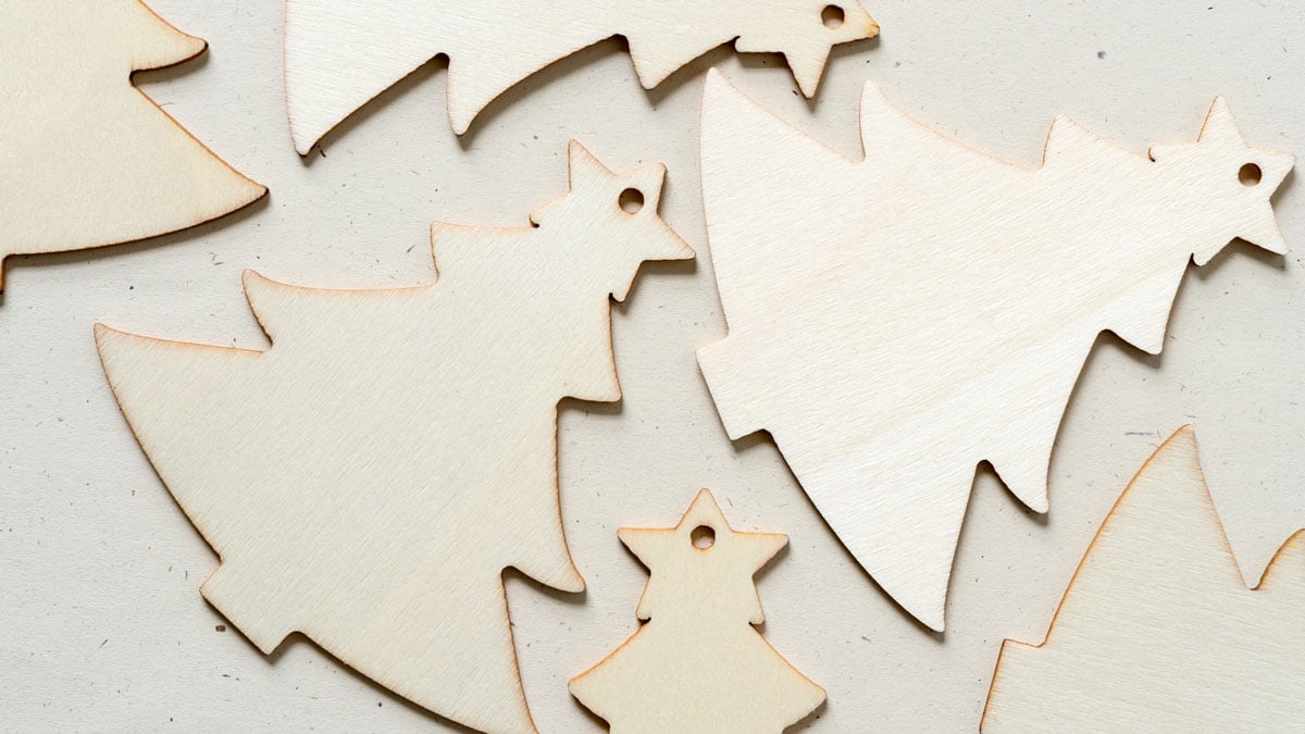 Christmas tree ornaments built using local plywood supplier Plyco's Poplar and Birch Laserply