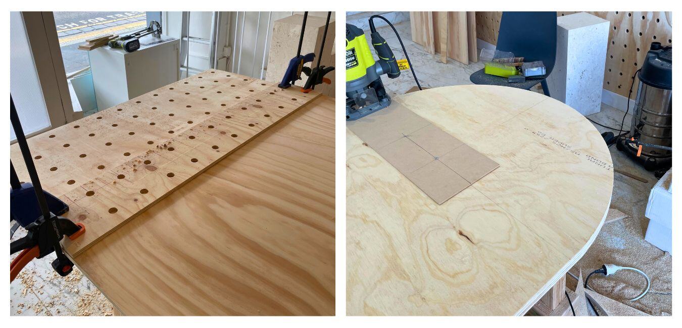 Behind the scenes of the router BC Radiata and Luan Plywood furniture and wall panels used in Meet & Gather event space