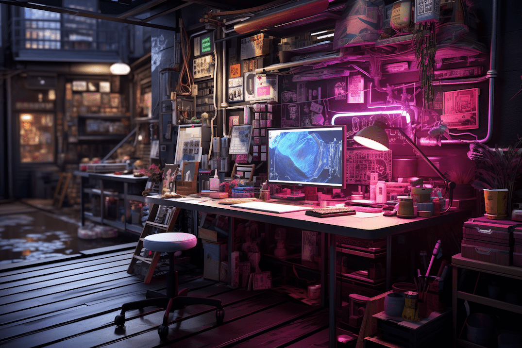 Interior shot of Plyco's a birch plywood workbench in an AI-inspired, Japanese cyberpunk art studio