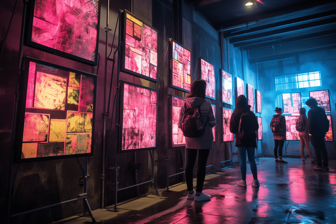 Interactive art gallery space featuring plywood panels in Plyco's AI-inspired, Japanese cyberpunk art studio