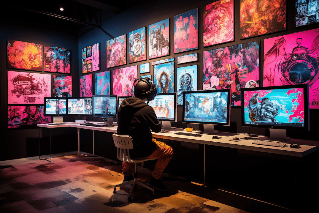 Virtual reality art zone in Plyco's AI-inspired, Japanese cyberpunk art studio