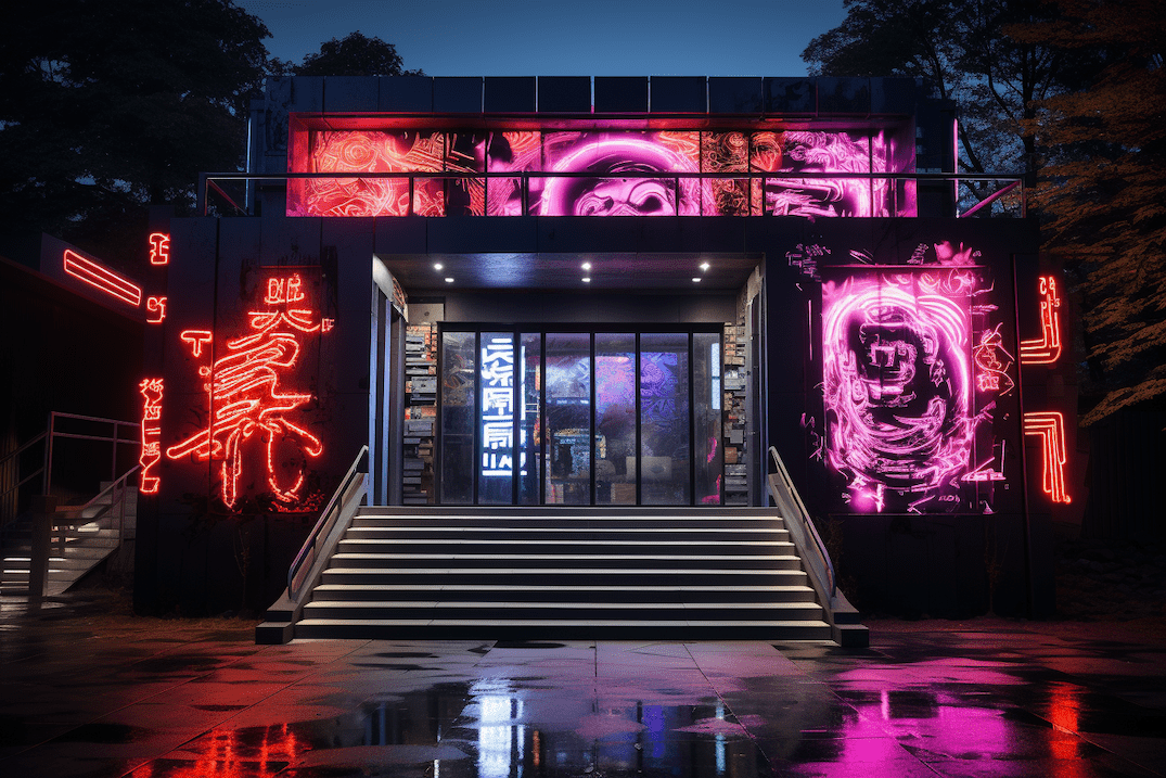 Exterior shot of Plyco's AI-inspired, Japanese cyberpunk art studio