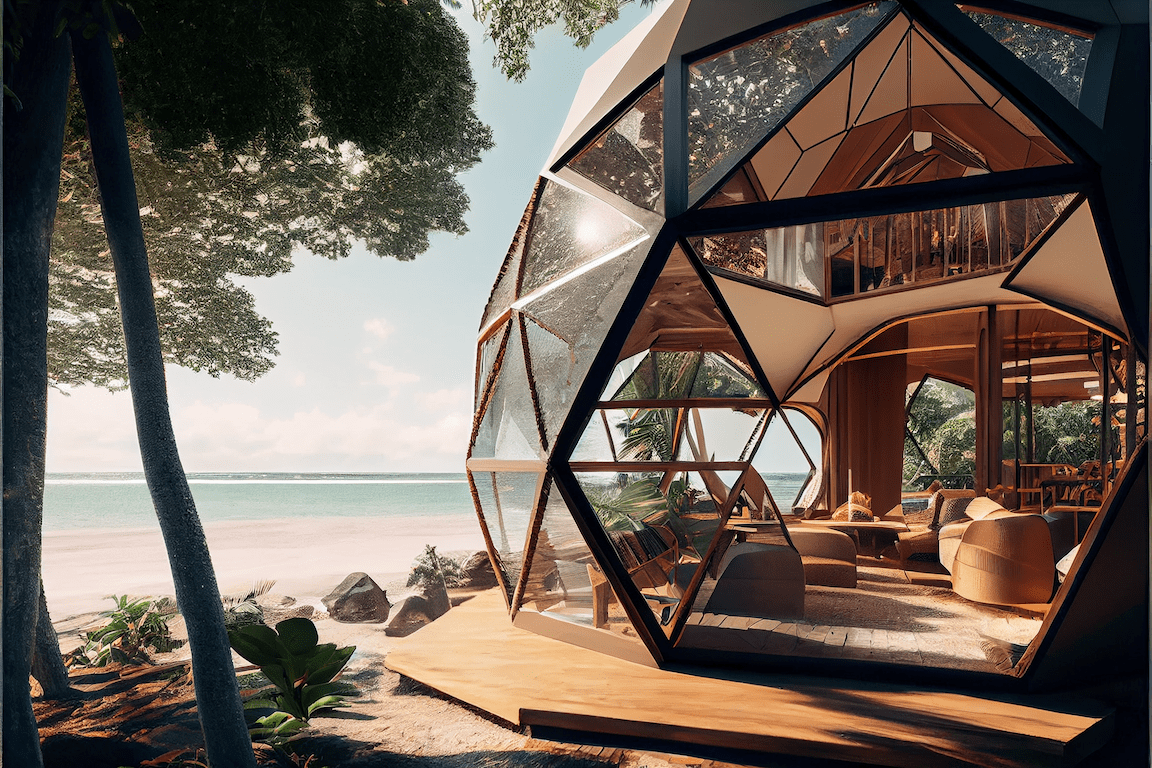 The exterior of Plyco's AI inspired geodesic dome Airbnb using sustainable plywood panels