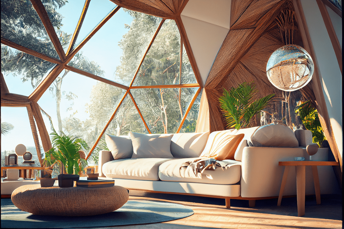The living room of Plyco's AI inspired geodesic dome Airbnb using sustainable plywood panels