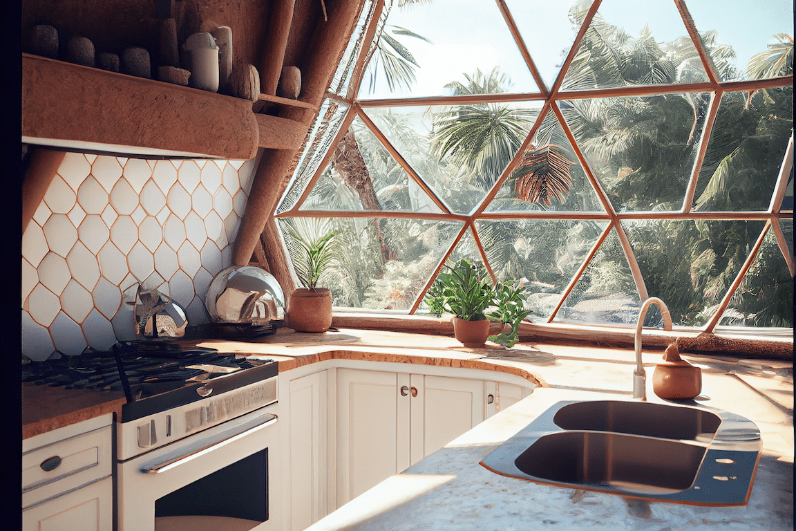 The kitchen of Plyco's AI inspired geodesic dome Airbnb using sustainable plywood panels