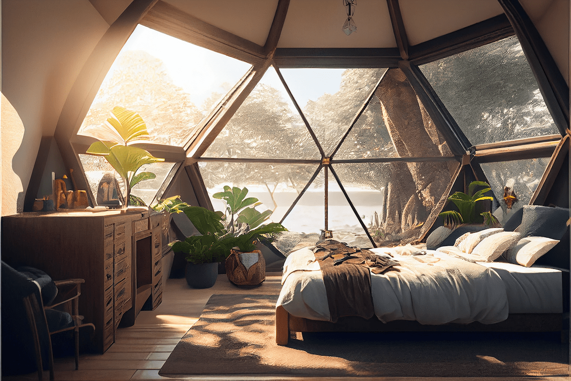 The bedroom of Plyco's AI inspired geodesic dome Airbnb using sustainable plywood panels