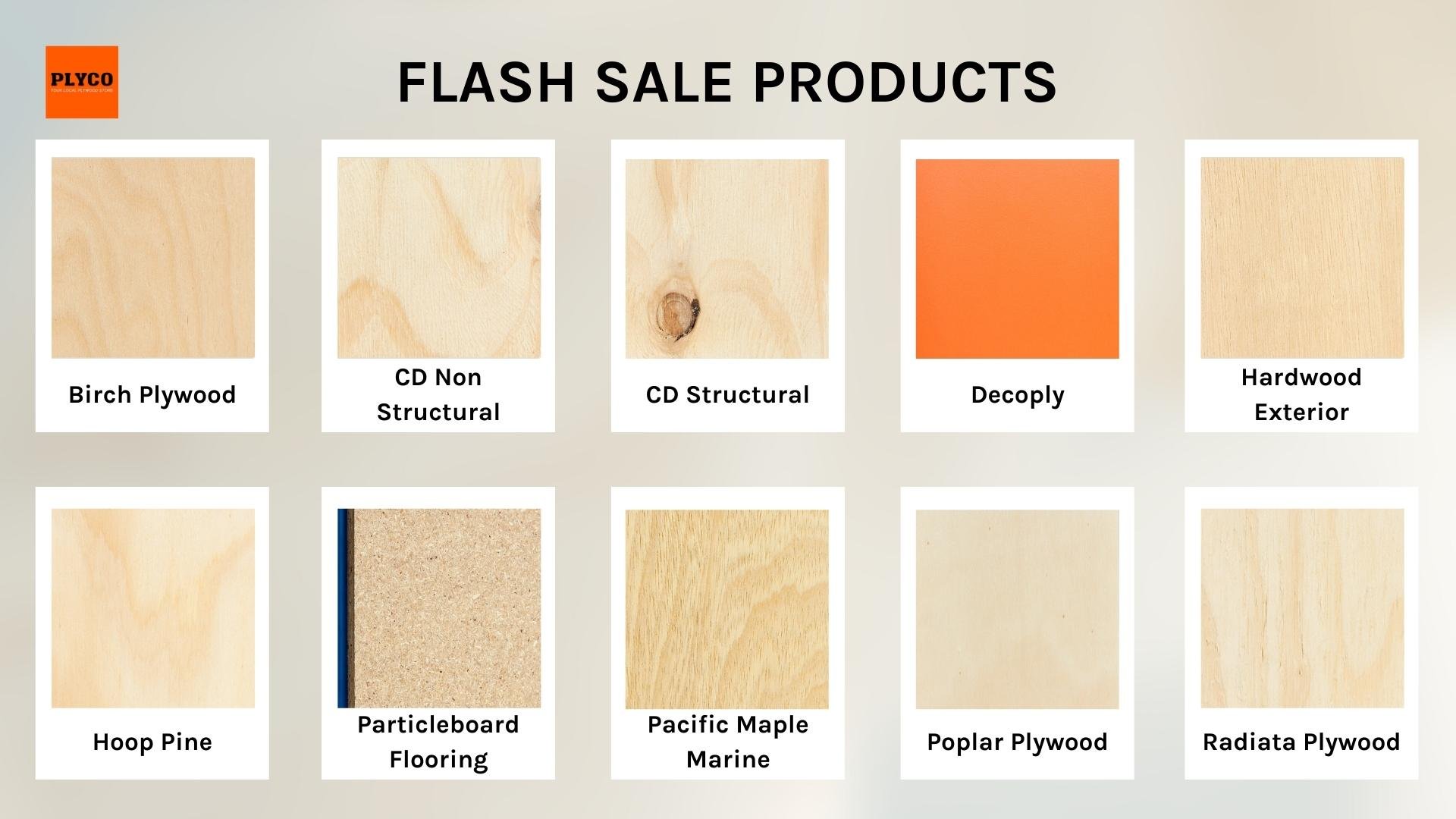 Plywood and timber veneer products available during Plyco's April 2022 Flash Sale