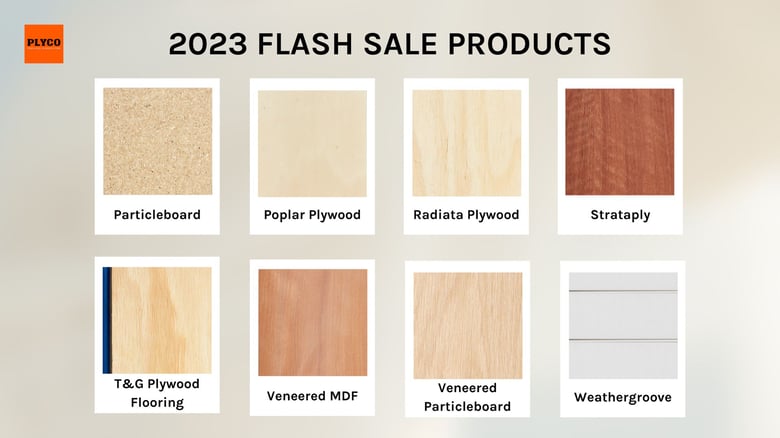 Plywood and timber veneer products available during Plyco's March 2023 Flash Sale