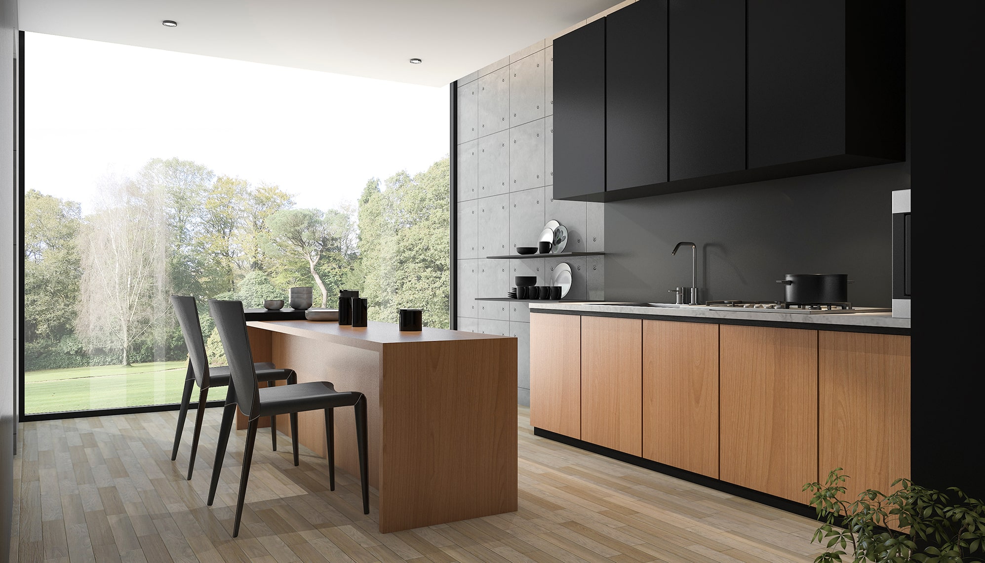 Kitchen render using black laminate cabinets and marine grade plywood panels