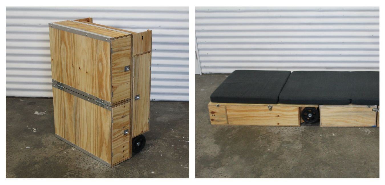 Finished Homebox in folded trolley mode and extended sleeping mode made with Plyco's CD Structural Plywood.