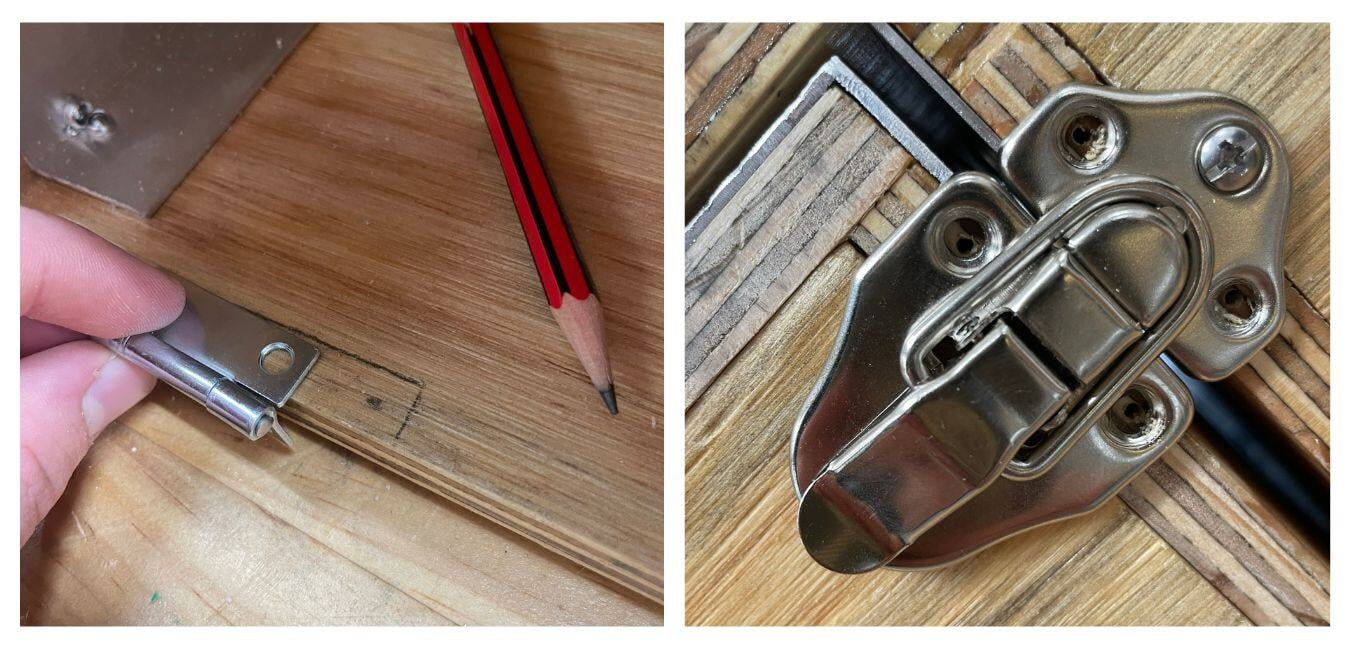 Close-up of latch hardware detail on Max Calatayud's Homebox constructed with high-quality plywood sheets.