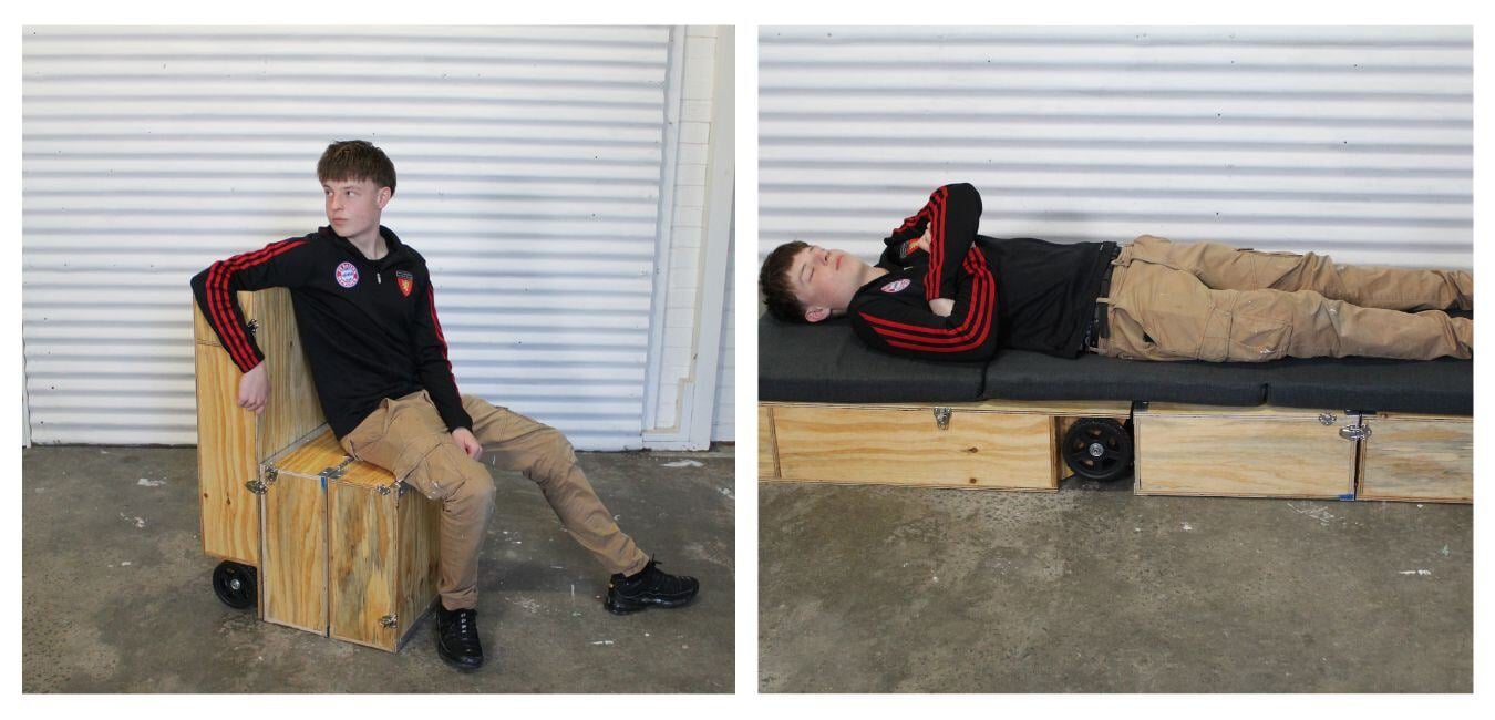 Max Calatayud demonstrating the Homebox in seated and sleeping configurations for practical use by rough sleepers.