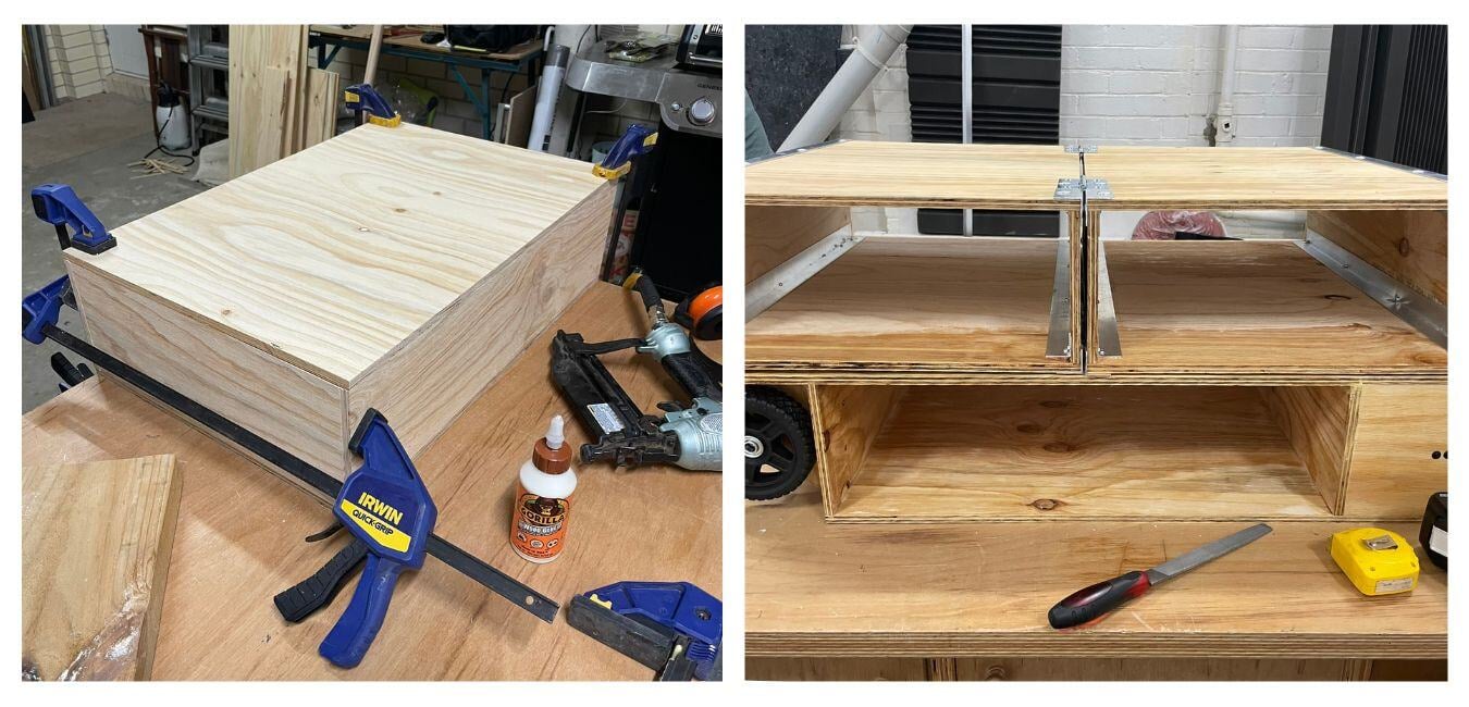 Clamped plywood box assembly and internal structure of the Homebox during construction.