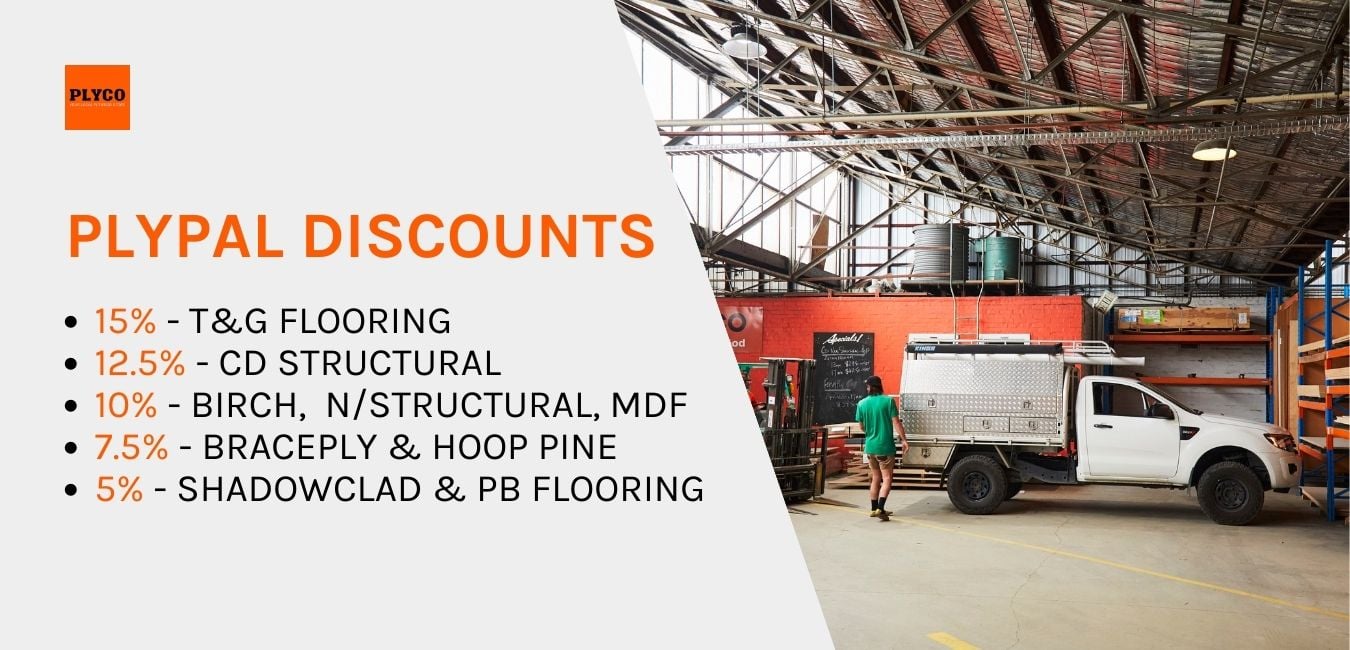 List of eligible discounts available to Australian builders in Plyco's PlyPal Program