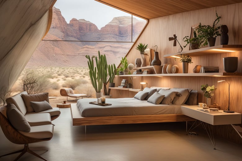 Interior shot of the rooms at Plyco's eco-resort built with sustainable plywood panels