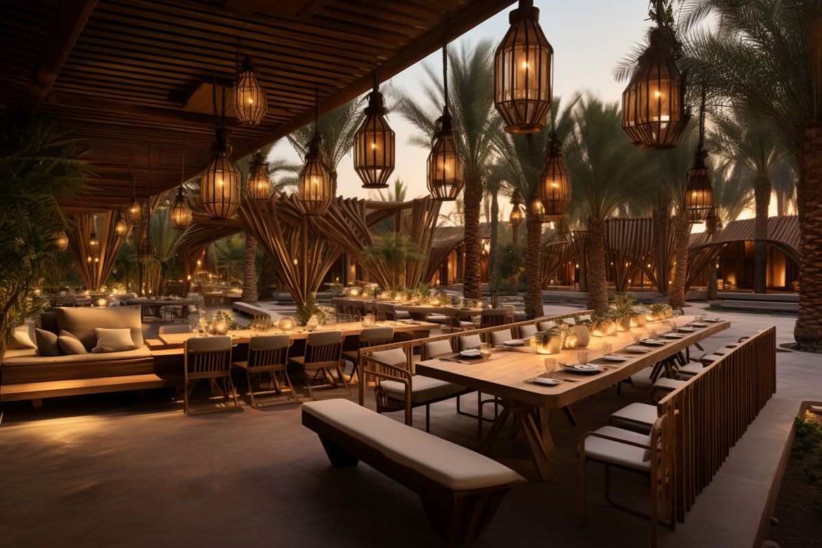Interior shot of the open air dining room at Plyco's eco-resort built with sustainable plywood panels