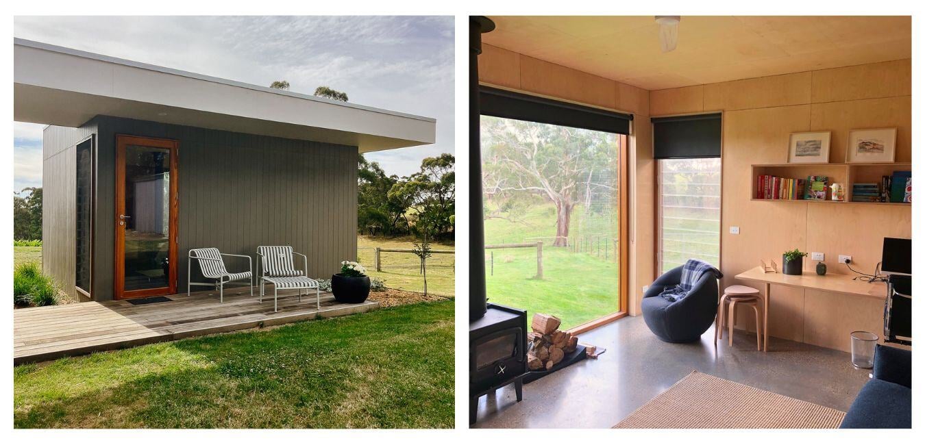 Exterior view of the off-grid study in Dean's Marsh, featuring sustainable design with a timber deck and natural surroundings