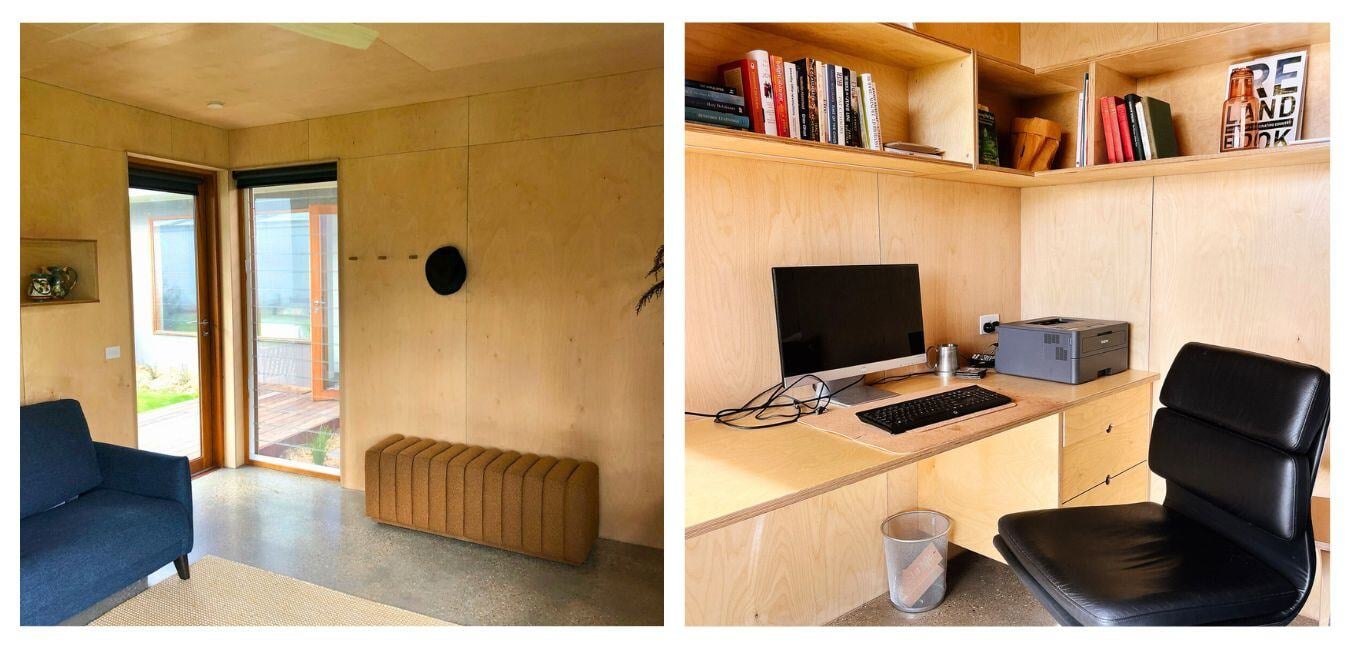 Interior of the eco-friendly study with Plyco's Birch Plywood walls, showcasing custom shelving and large windows with views of the landscape.