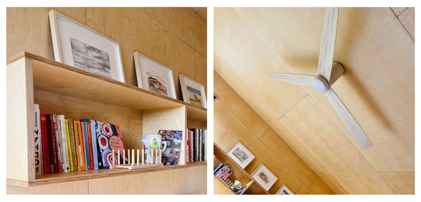 Close-up of the handcrafted plywood shelving, highlighting books and decor, part of the Dean's Marsh sustainable home project