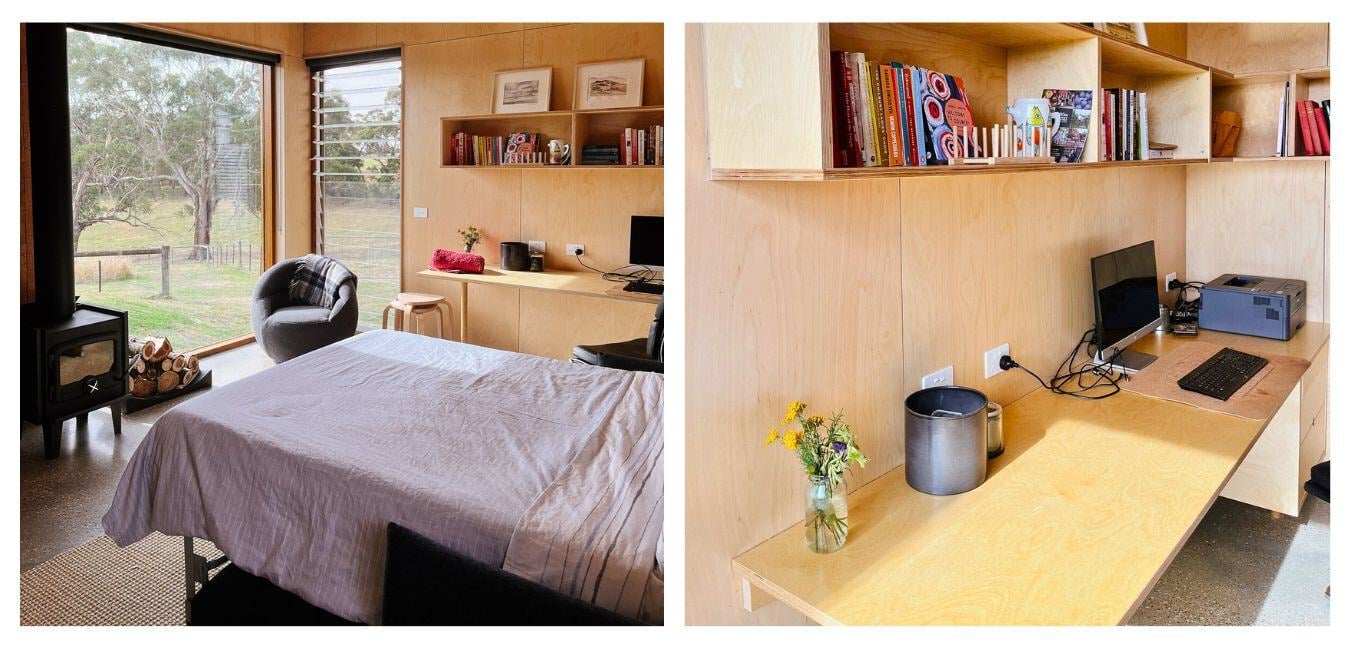 Bedroom and study combination space featuring Plyco's Birch Plywood wall linings and minimalist interior design