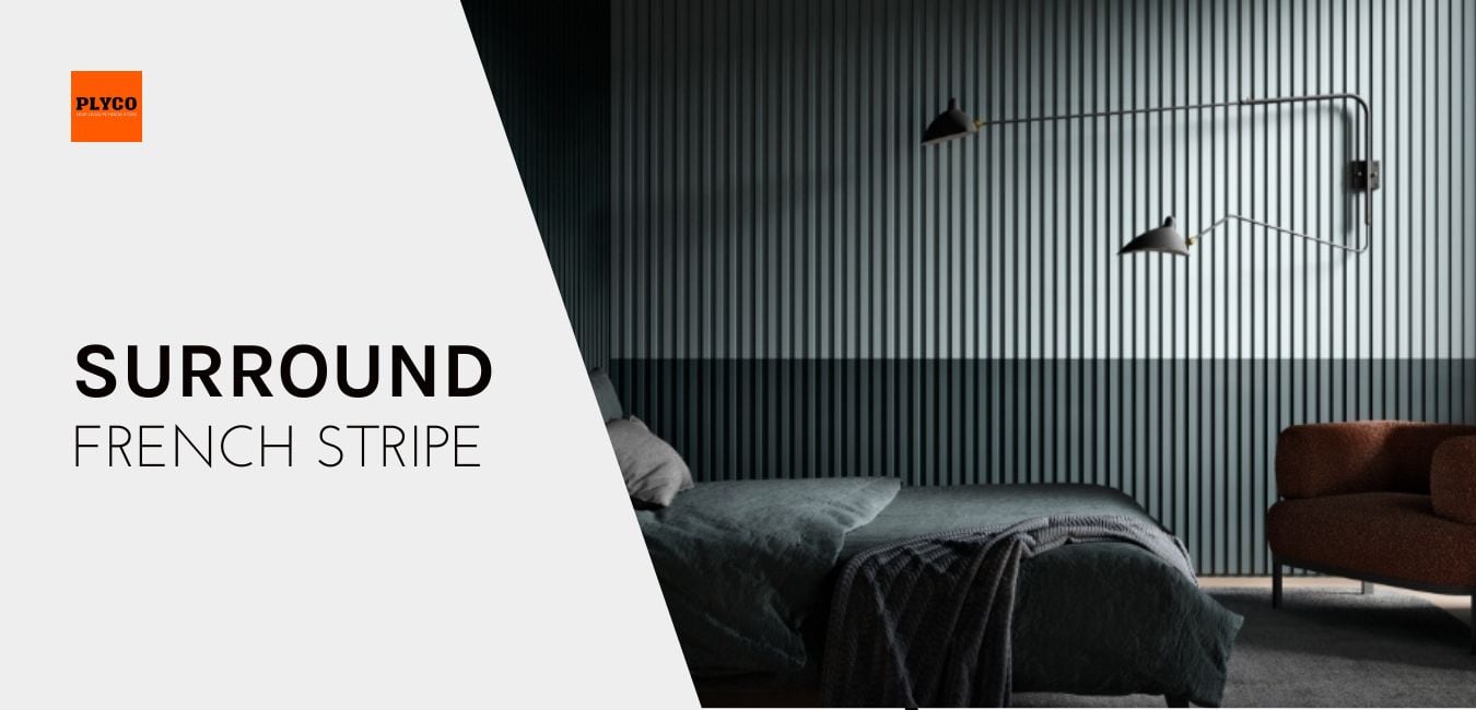 Surround By Laminex's French Stripe used in a home bedroom, available to buy online from Plyco