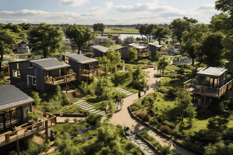 Aerial shot of Australian plywood store Plyco's imaginative AI generated tiny home escape using sustainable plywood panel materials