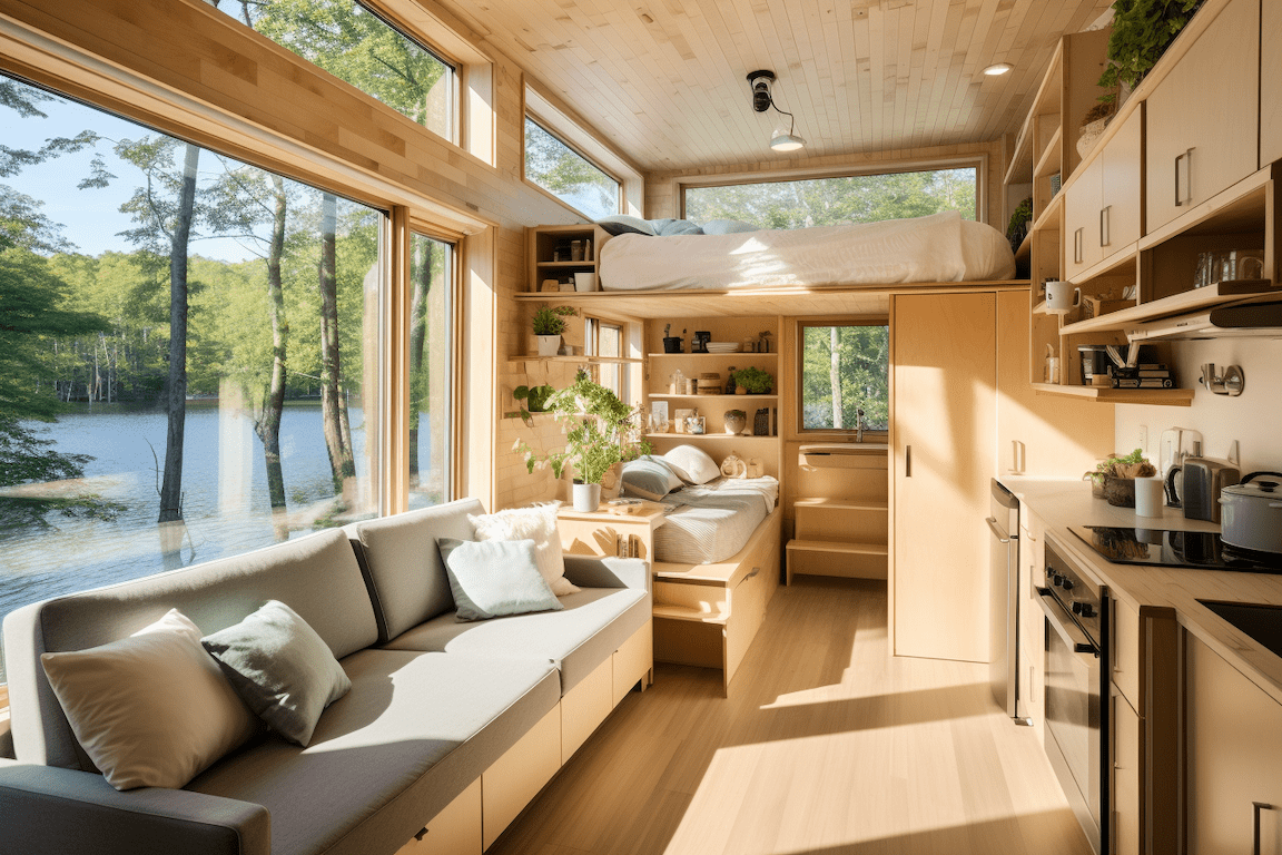 AI generated tiny home interior featuring Plycos interior plywood wall and ceiling lining products