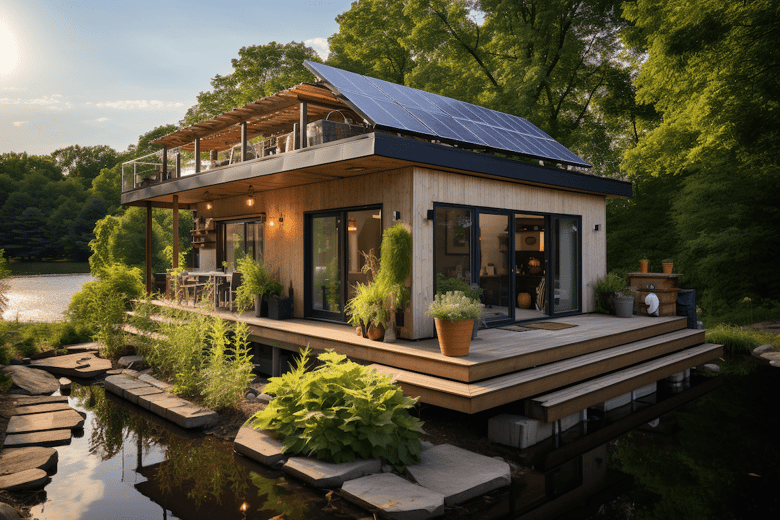 Exterior of a an AI generated tiny home using sustainable plywood panel materials