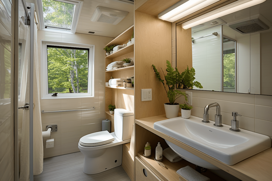 Modern bathroom in a tiny home interior featuring Plycos interior plywood wall and ceiling lining products