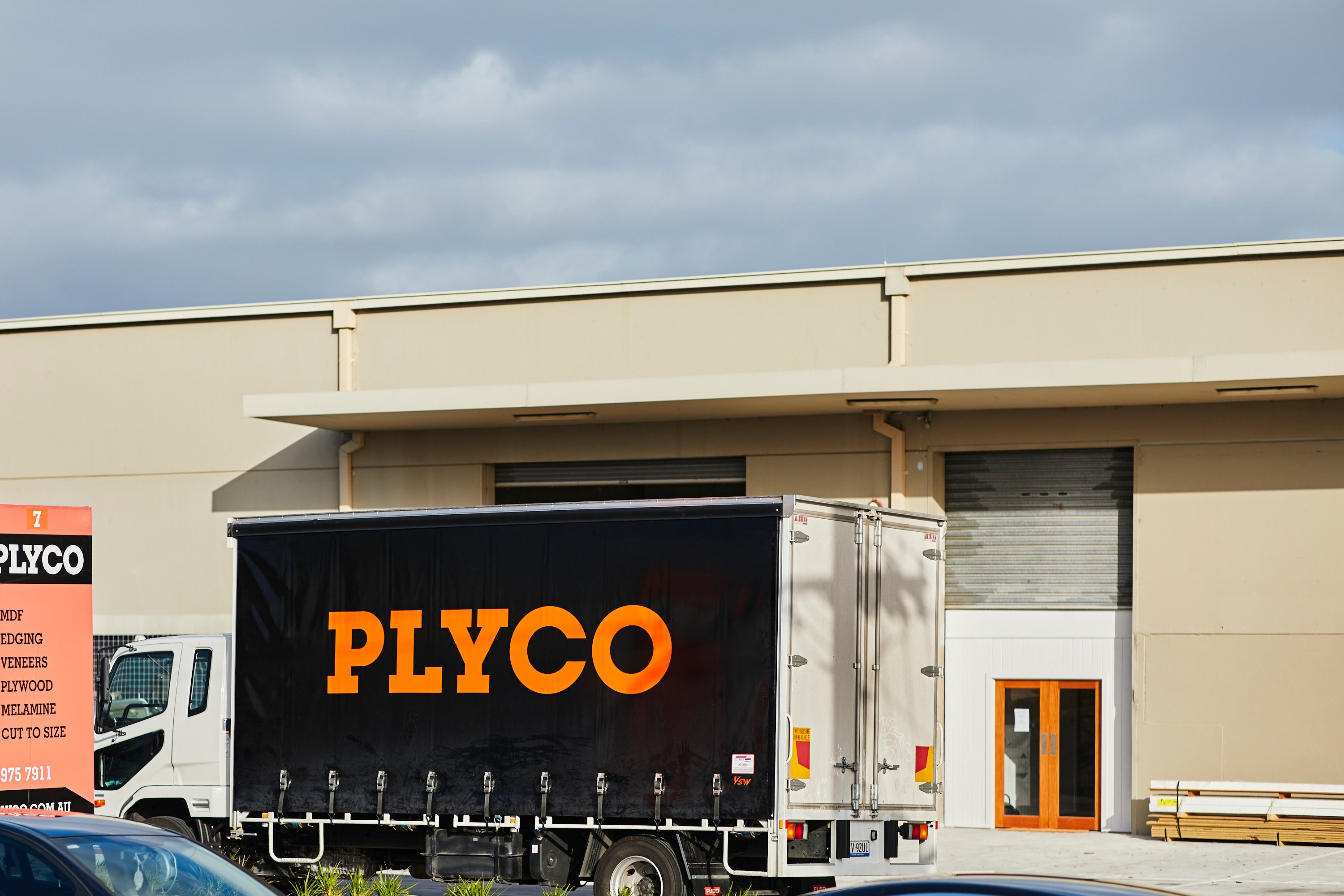 Plyco plywood delivery truck and factory exterior at Plyco Mornington