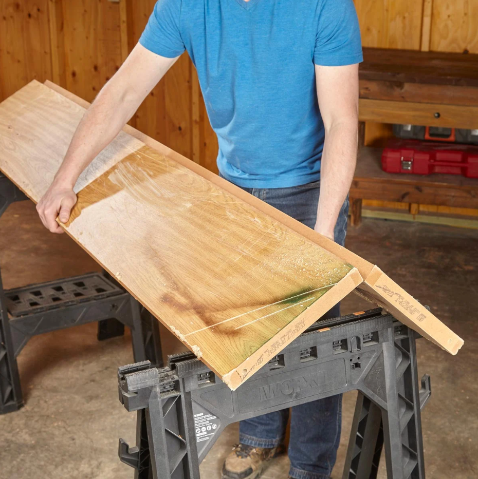 bi-fold doors repurposed for a plywood woodworking bench