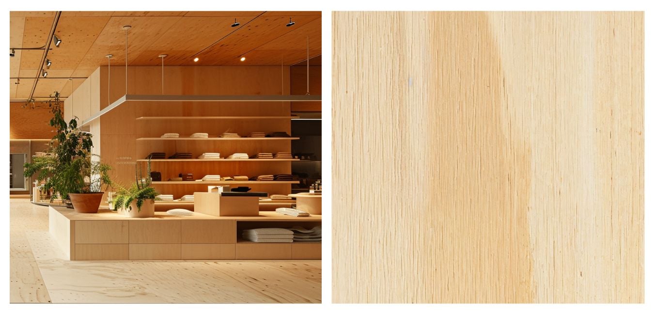 Split screen showing a close up of Plyco's F11 Hardwood Plywood Flooring and a commercial shop front with Plyco's plywood hardwood flooring