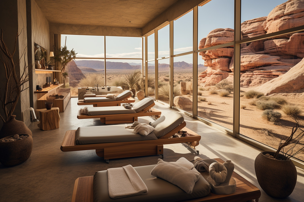 Spa sanctuary of the AI generated recreation centre for Plyco's plywood paradise desert oasis